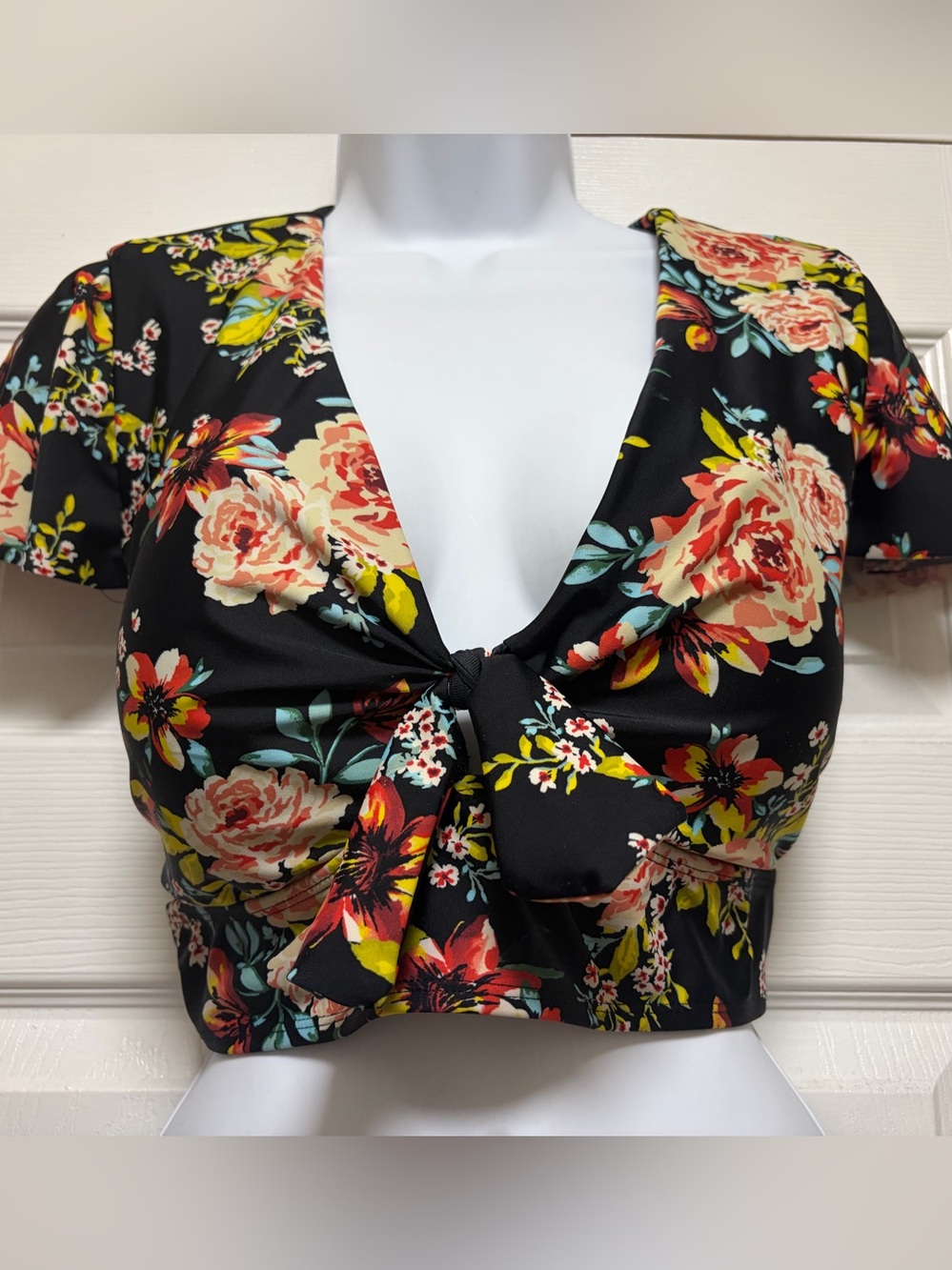Floral Tie-Front Crop Bathing Suit Top